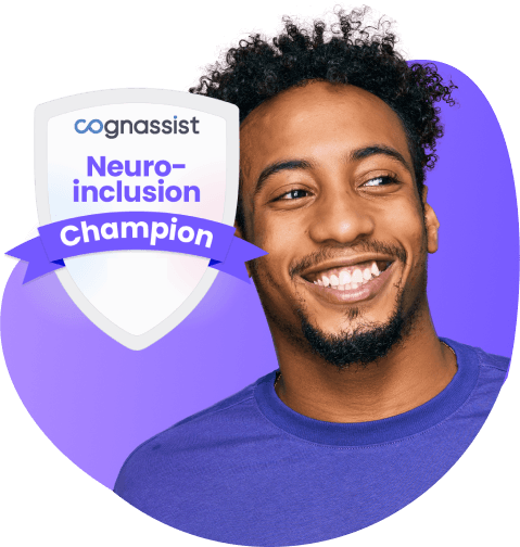 Smiling man beside a Cognassist Neuro-inclusion Champion badge
