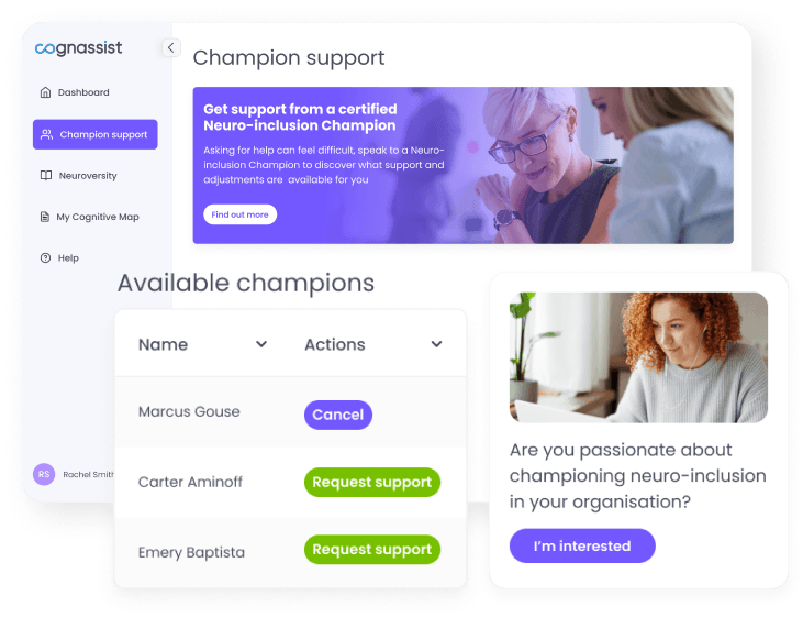 The Champion support screen in the Cognassist platform, listing available champions with options to request support